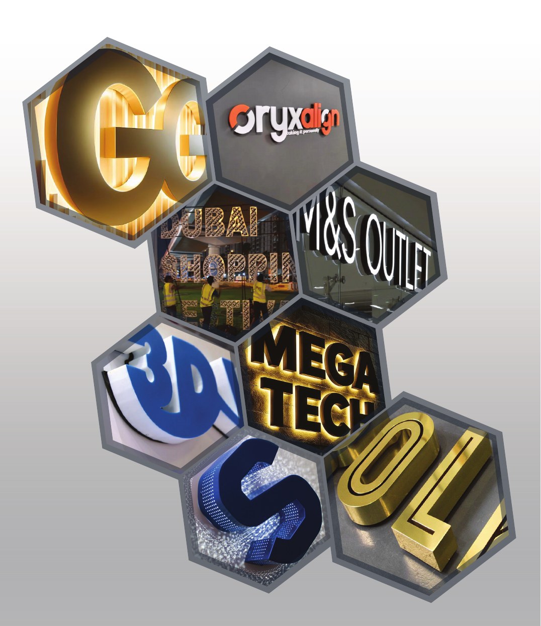 3D signage examples including illuminated letters and channel signs