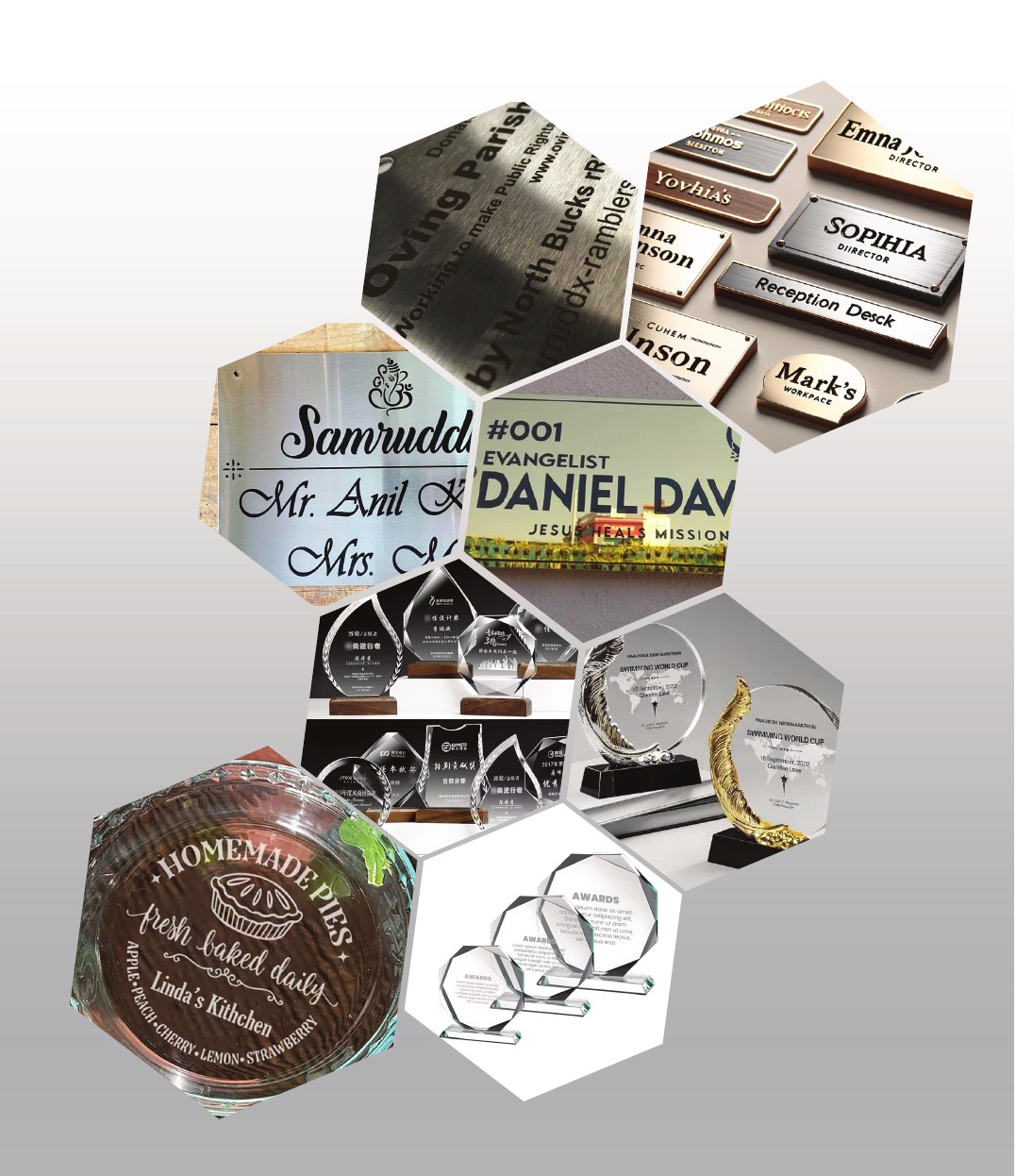 Engraving and etching examples including nameplates, trophies and glass etching