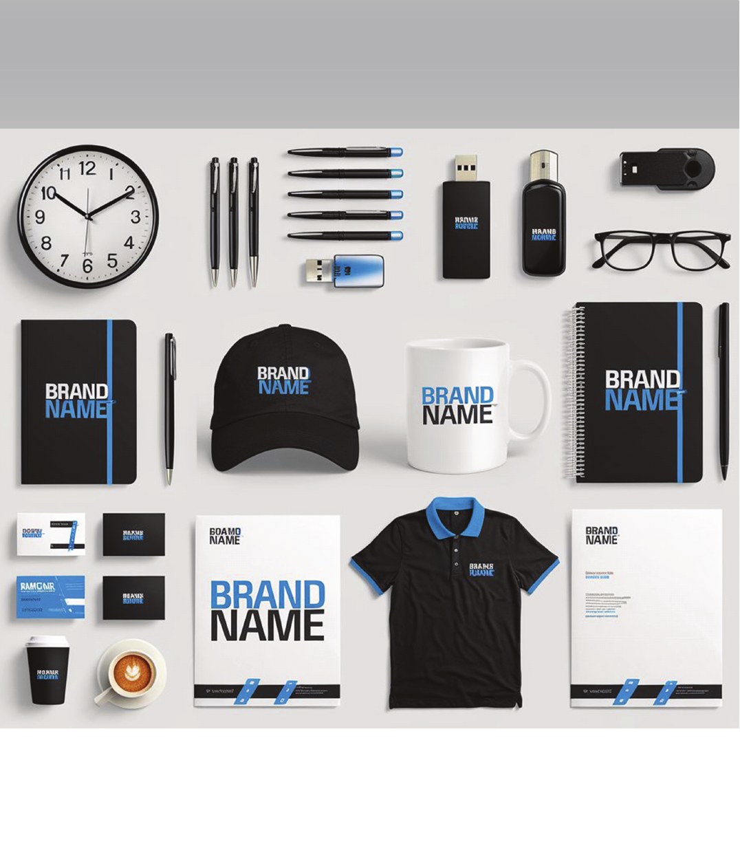 Corporate gift items including branded mugs, caps, notebooks and apparel