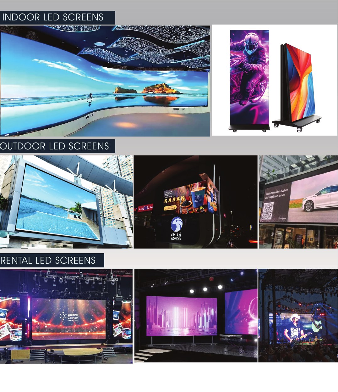 Indoor and outdoor LED screens including event displays and building facades