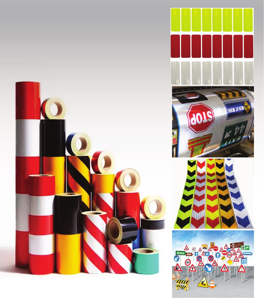 Reflective stickers and safety road signs including directional and warning signs